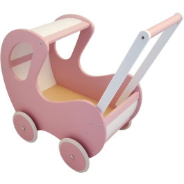 Houten Poppenwagen roze / wit klassiek met kap