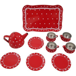 Tinnen speelgoed serviesje rood met witte stip in doos 15-delig