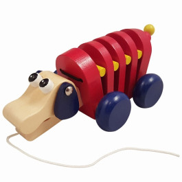 Houten Trek hond rood met blauwe wielen