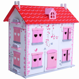 Poppenhuis wit/roze incl meubels met openklapbare voorkant