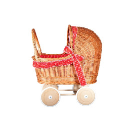 Rieten poppenwagen - houten wielen - Rood met stipjes