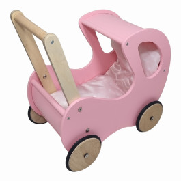 Playwood - Houten Poppenwagen Roze Klassiek met Kap - inclusief dekje roze met witte hartjes