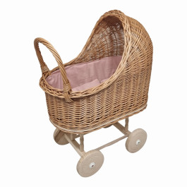 Poppenwagen Rieten Kap - Roze Bekleding incl. Dekje en Kussen