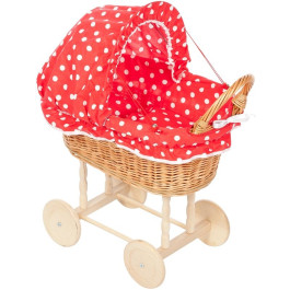 Rieten Poppenwagen - Stoffen Kap - Rode Ruit - Houten Wielen
