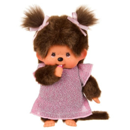 Monchhichi Meisje in roze glitterjurk (20 cm)