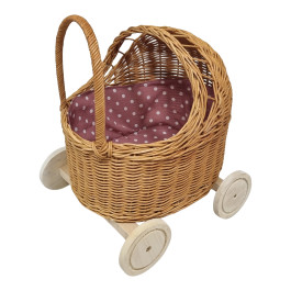 Mini Poppenwagen Riet Inclusief Bekleding - Houten Wielen (31x27x39cm)