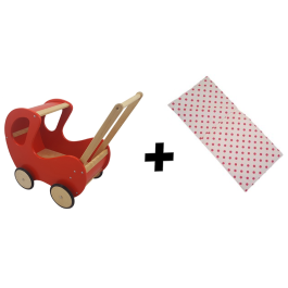 Houten Poppenwagen klassiek met kap - Rood met dekje