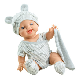 Paola Reina - Babypop Gordi Carlos - Blanke jongen met romper, sokken en mutsje - 34cm