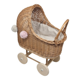 Playwood - Rieten - Poppenwagen - Crème - Beige bekleding met kussentjes rieten kap en 4 pompons
