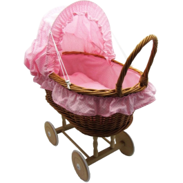 Rieten Poppenwagen - houten wielen - Stoffen Kap - roze