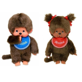 Monchhichi SETJE Jongen en meisje met slab rood/blauw (20cm)