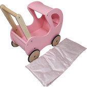 Playwood - Houten Poppenwagen roze klassiek met kap - inclusief dekje