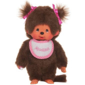 Monchhichi Meisje bruin met roze slabber (20cm)