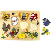8719348001632 - Houten noppen puzzel - haan, poes, bij