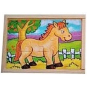 Houten puzzel in kistje 4x dieren (12 st) - paardje