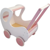 Houten Poppenwagen wit / roze klassiek met kap