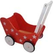 Houten Poppenwagen rood met witte sterren