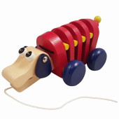 Houten Trek hond rood met blauwe wielen