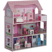 Poppenhuis roze dak groot; inclusief meubels