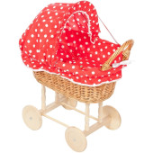Rieten Poppenwagen - Stoffen Kap - Rode Ruit - Houten Wielen