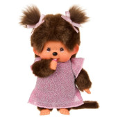 Monchhichi Meisje in roze glitterjurk (20 cm)