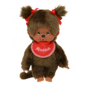 Monchhichi Meisje bruin met rode slabber (20cm)