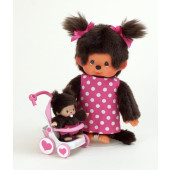 Monchhichi Moeder met Wandelwagen met Kind 20cm