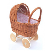 Rieten Poppenwagen - Houten Wielen - Bloem
